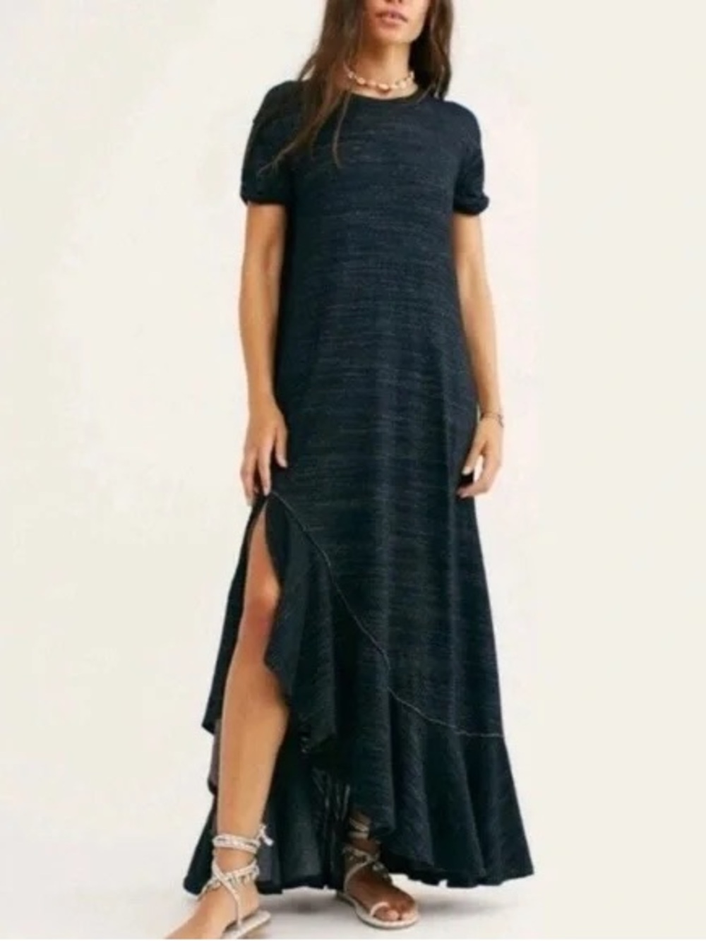 Free People Black Short Sleeve Maxi Dress with Ruffle Side Slit